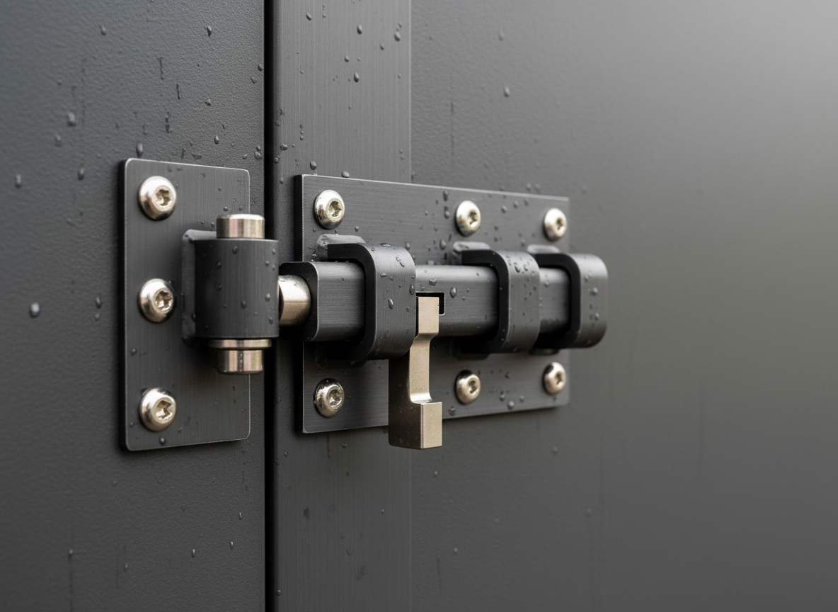 Storm-rated shutter hardware detail