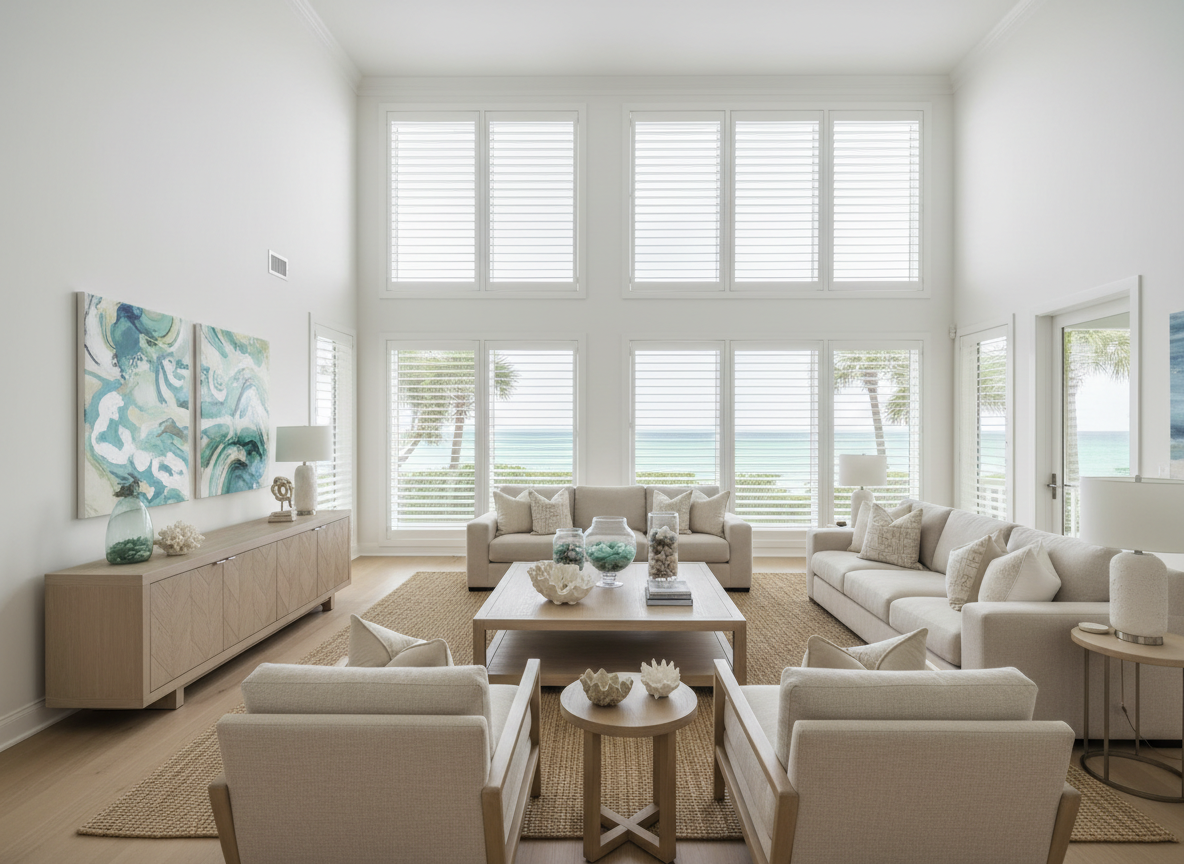 Bright coastal modern luxury living room with premium plantation shutters (Space Coast Florida style)