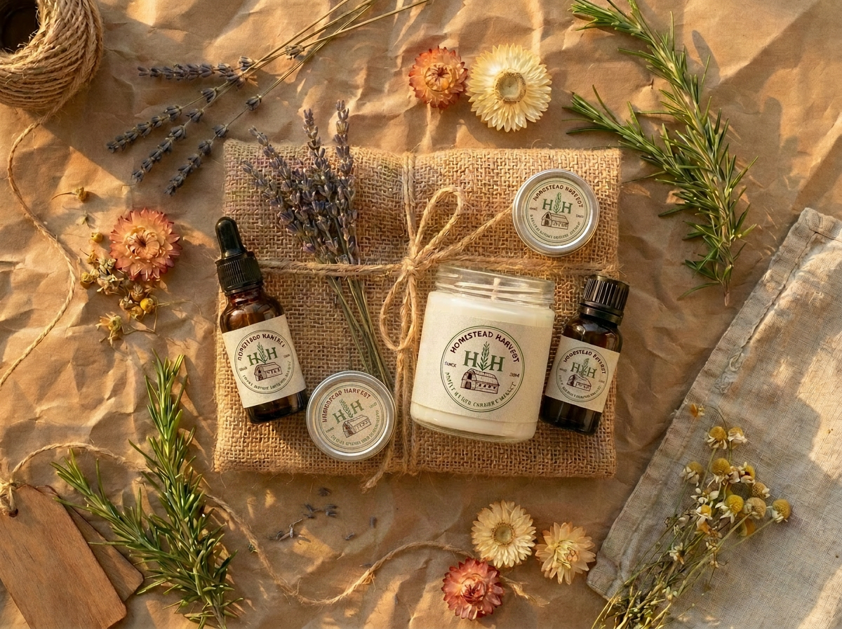 Homestead Harvest natural gift bundle with skincare and candle