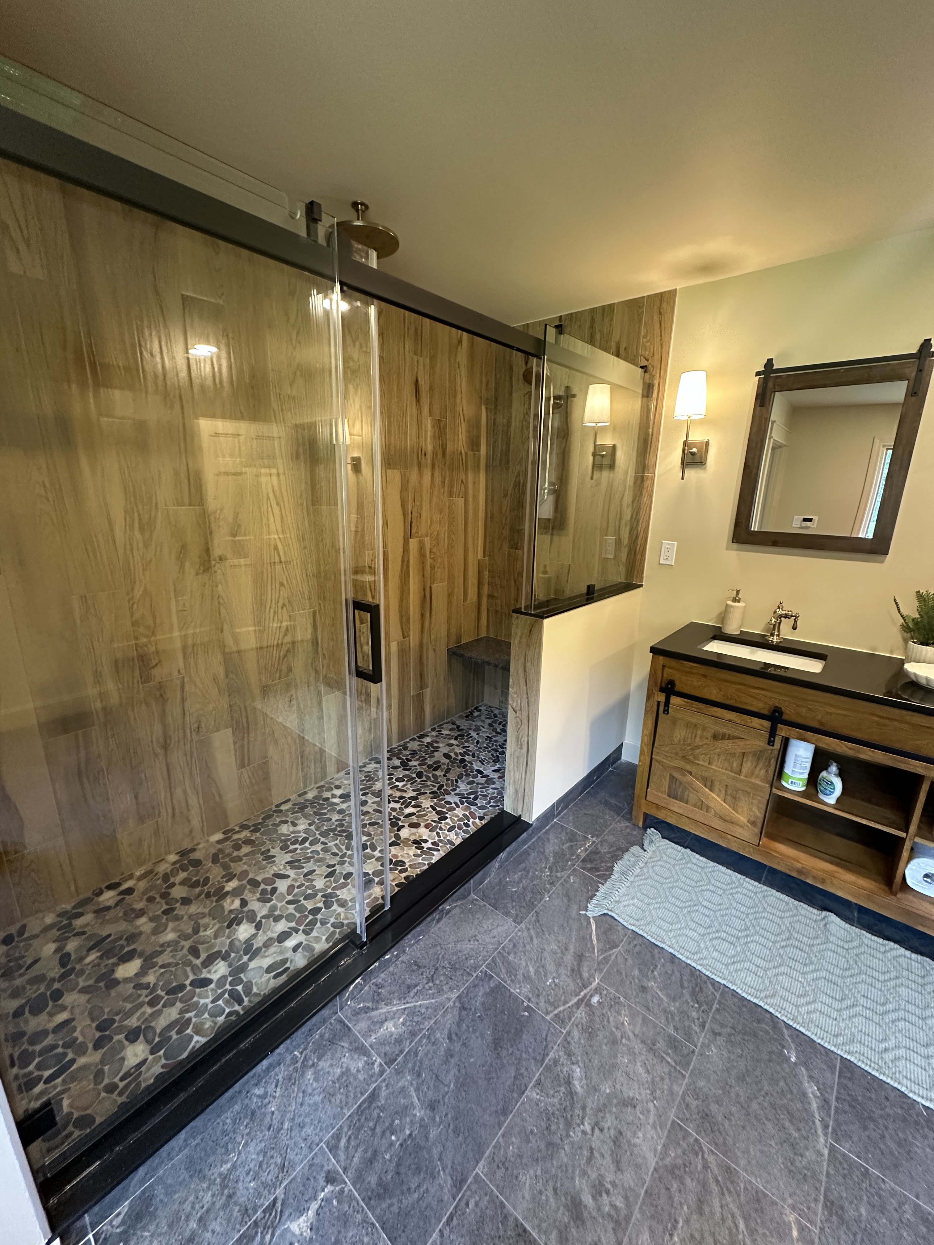 Walk-in shower with wood-look tile