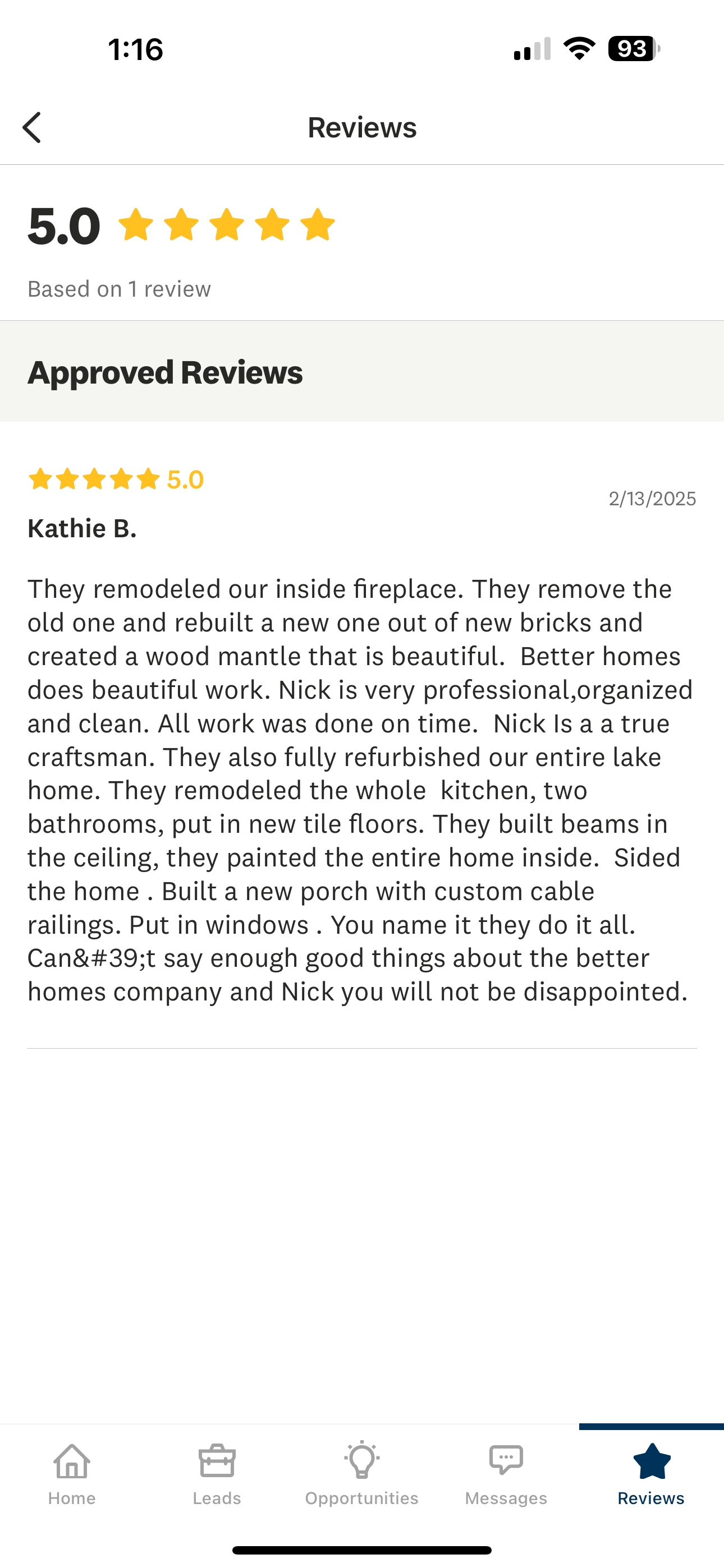 Angi review screenshot for Better Homes LLC by Kathie B.