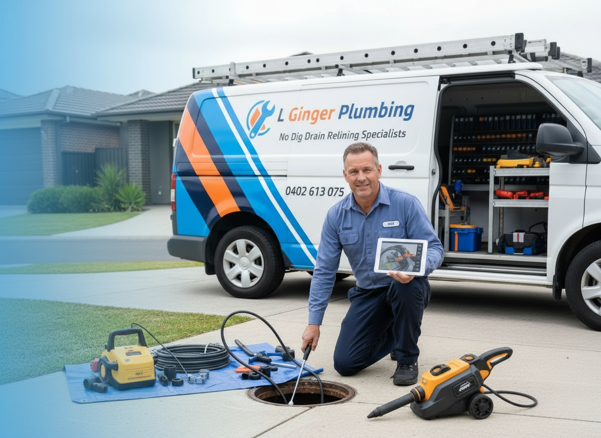 L Ginger Plumbing - Luke inspecting a drain with CCTV equipment next to L Ginger Plumbing branded van in Melbourne's West