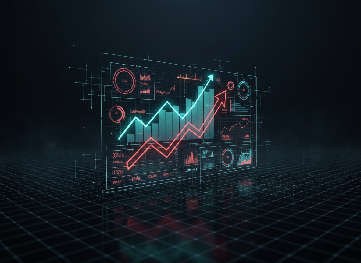 Dashboard de optimización ROI con gráficas de crecimiento en rojo — JLV Marketing
