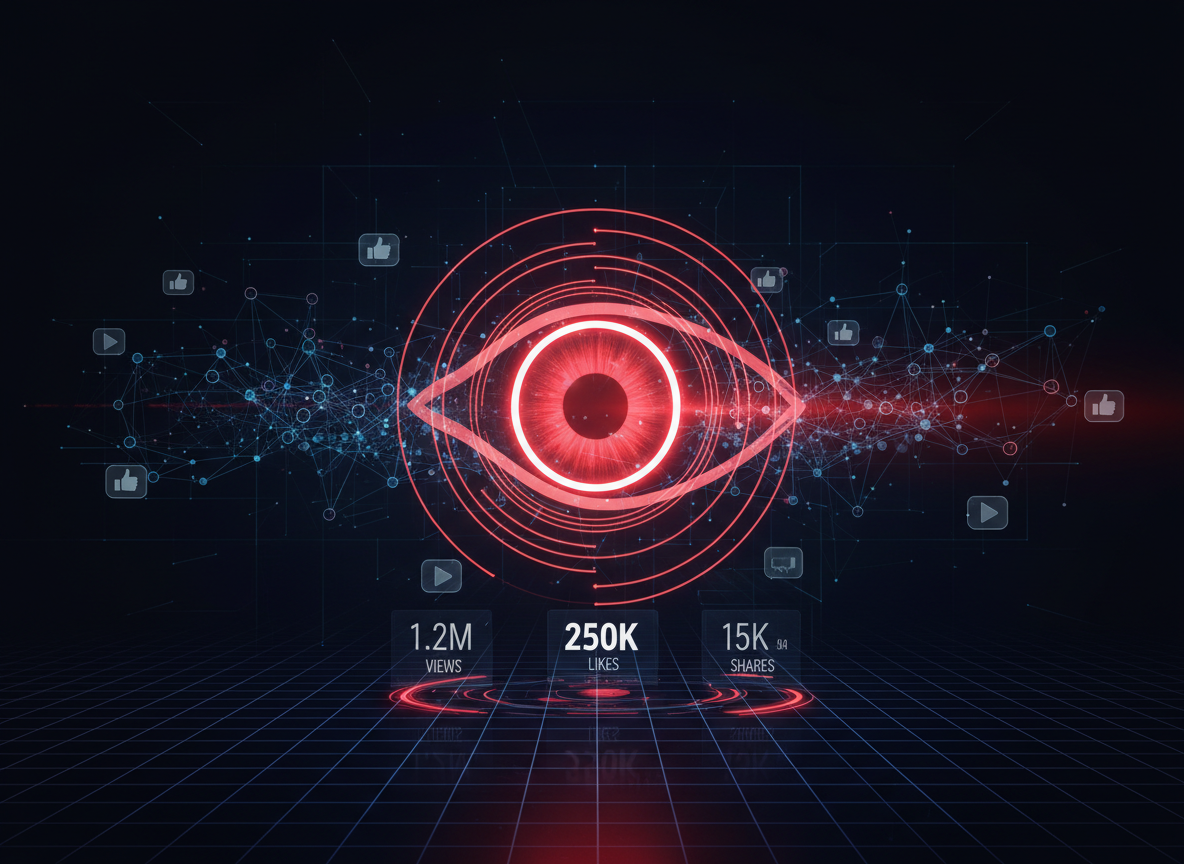 Ojo holográfico escaneando métricas de alcance digital — JLV Marketing