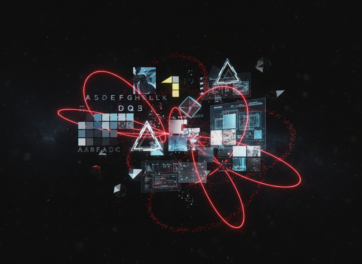 Elementos abstractos de identidad visual y branding flotando en espacio oscuro — JLV Marketing