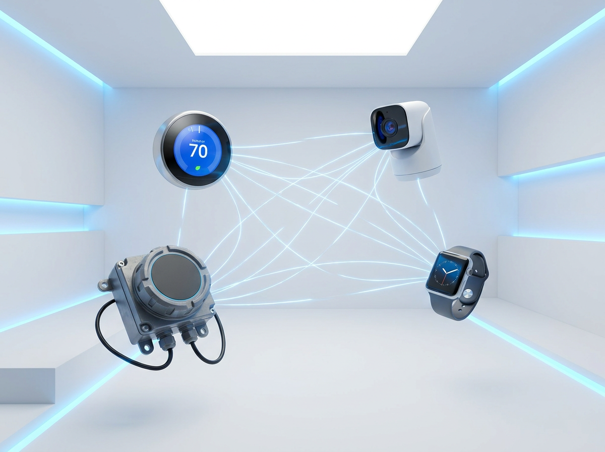 IoT connected devices and sensors with blue connection lines