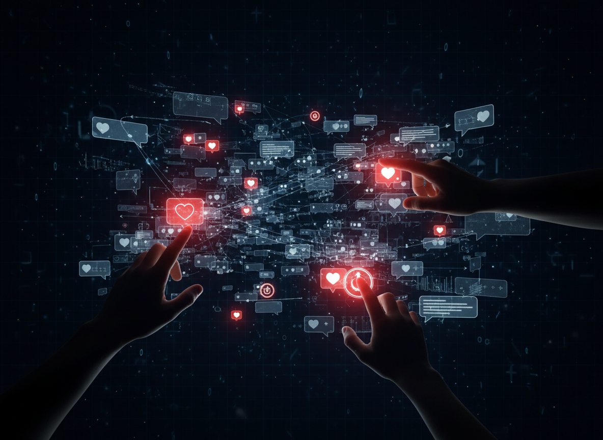 Burbujas de chat holográficas y reacciones de engagement en redes sociales — JLV Marketing