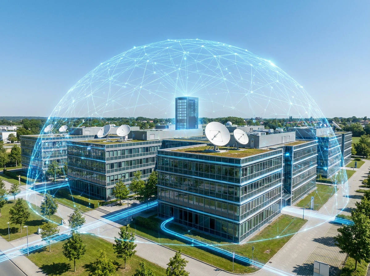 Corporate headquarters with private wireless network dome