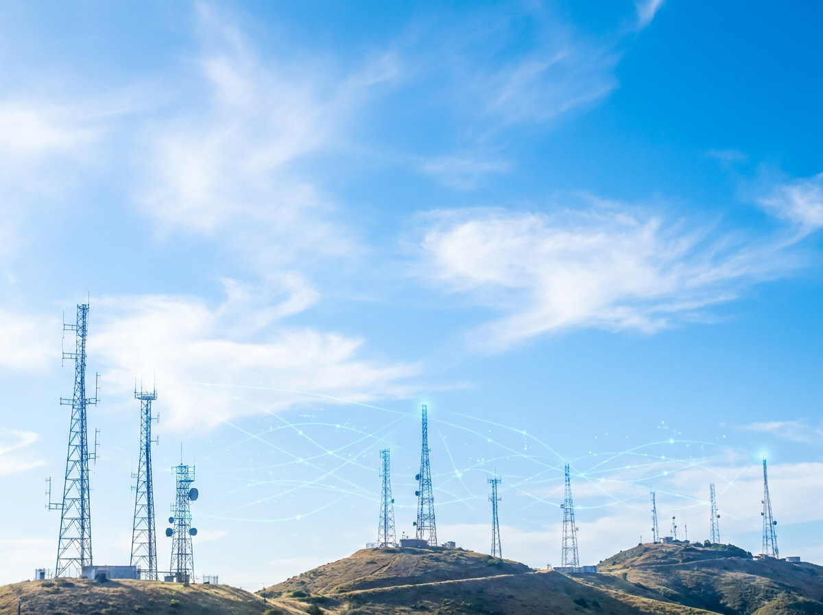 Telecommunications towers connected by network signals