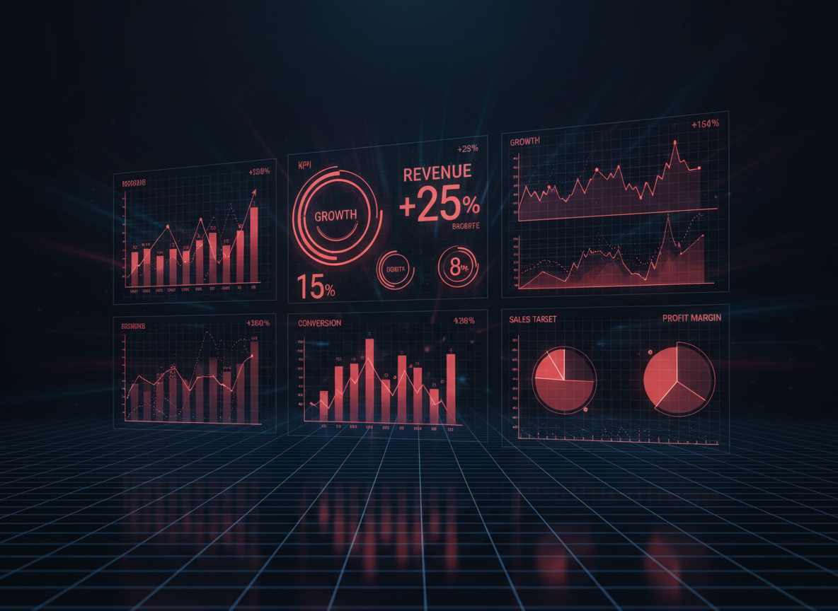 Dashboard holográfico de analytics con gráficas y métricas en rojo — JLV Marketing
