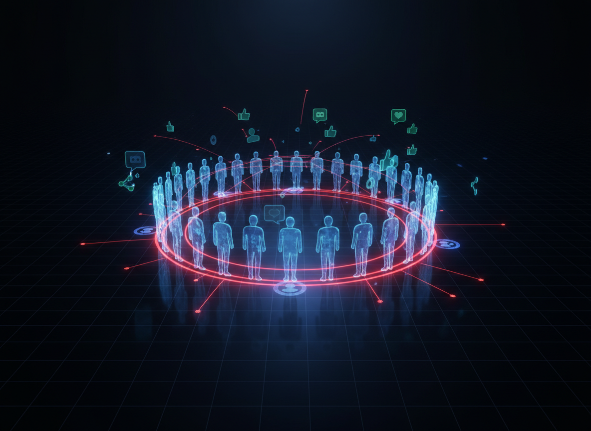 Red de comunidad digital conectada con nodos rojos — JLV Marketing