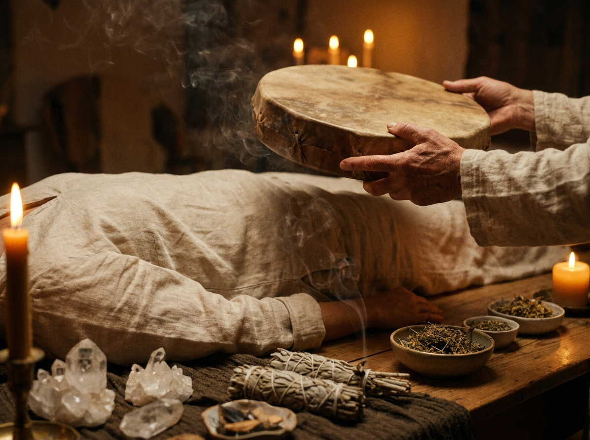Sacred healing session with drum and crystals