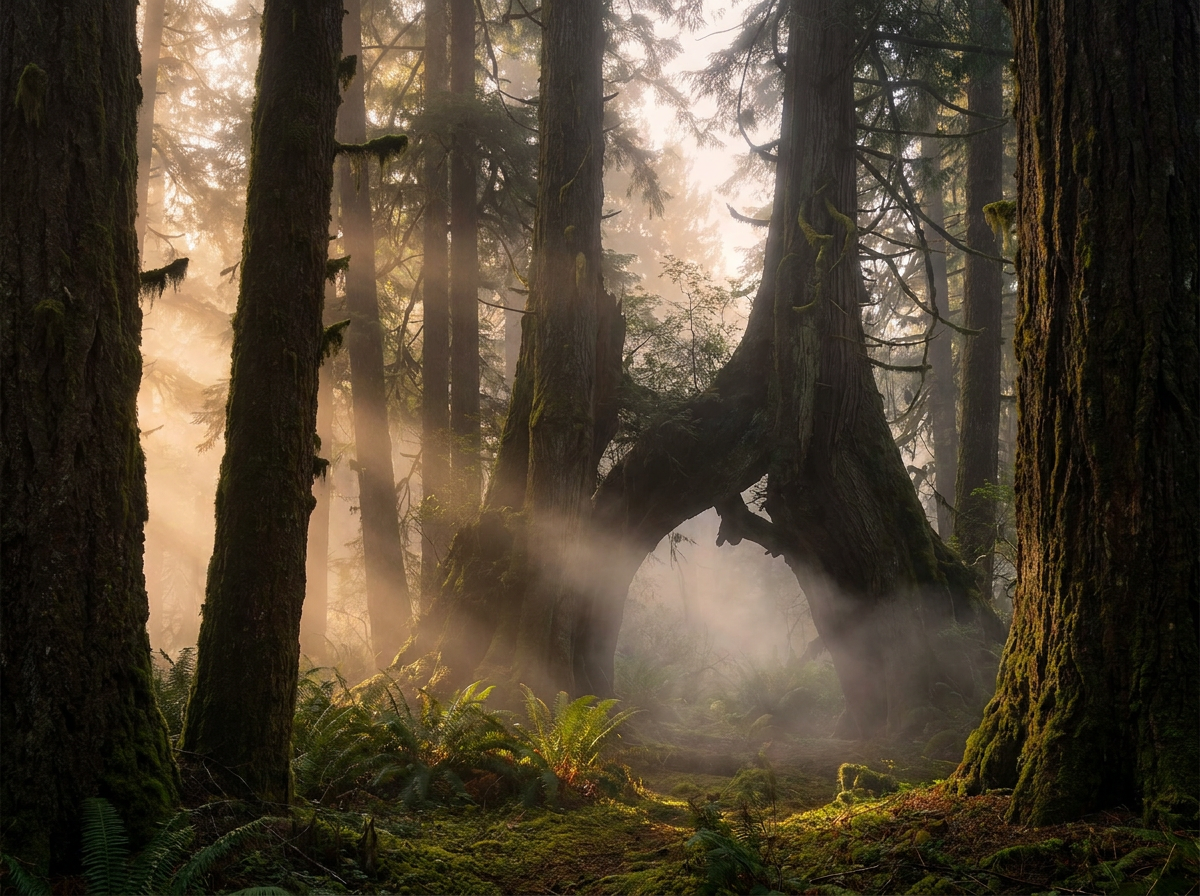 Ancient misty forest with shafts of dawn light