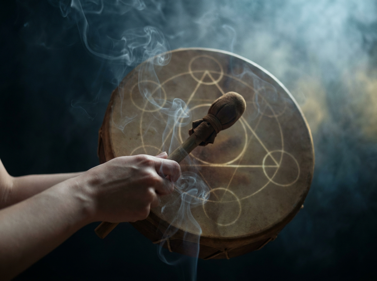 Ethereal shamanic drum with sacred geometry and sage smoke