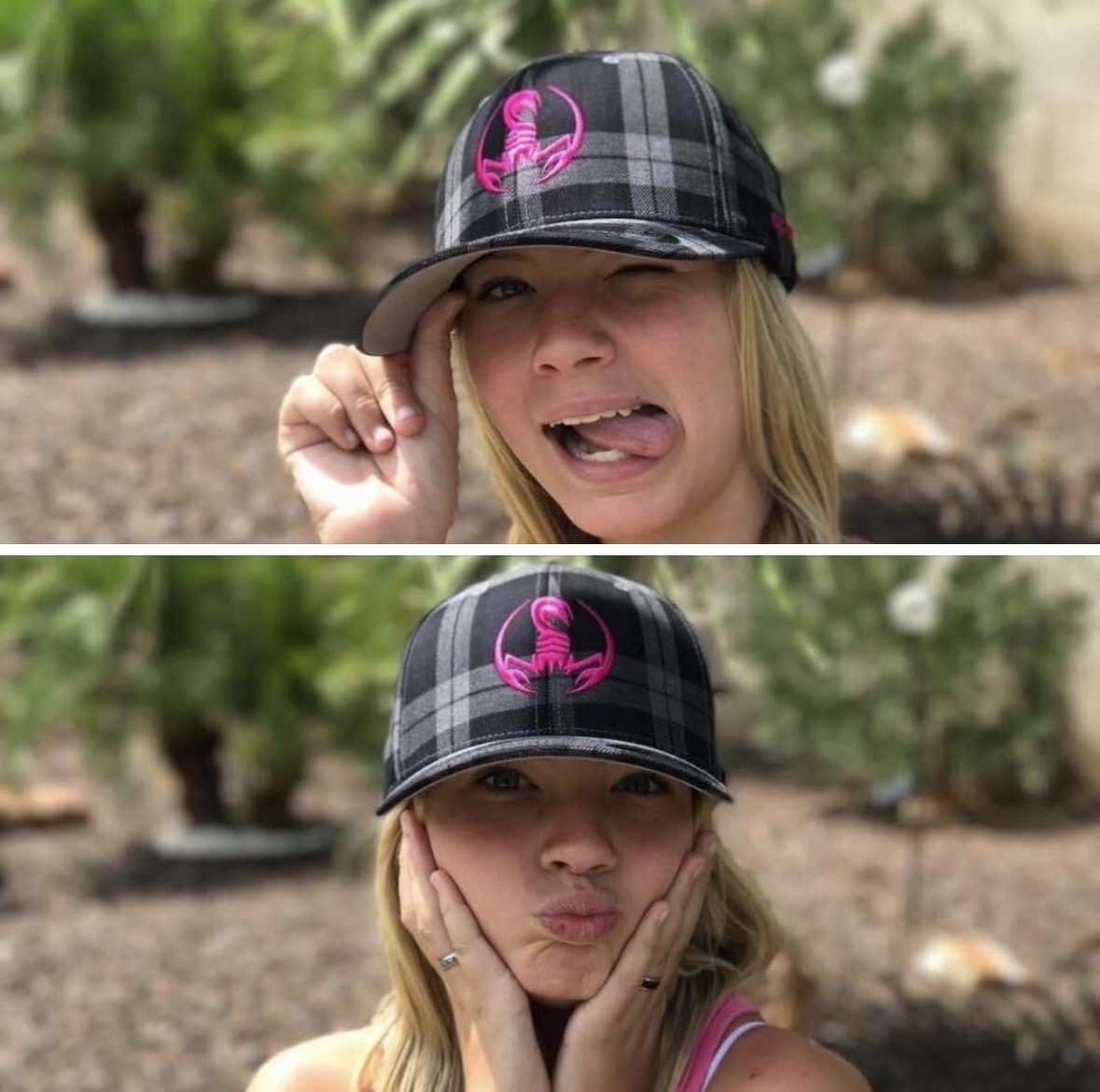 Two looks, one cap. The black plaid with pink scorpion speaks for itself.