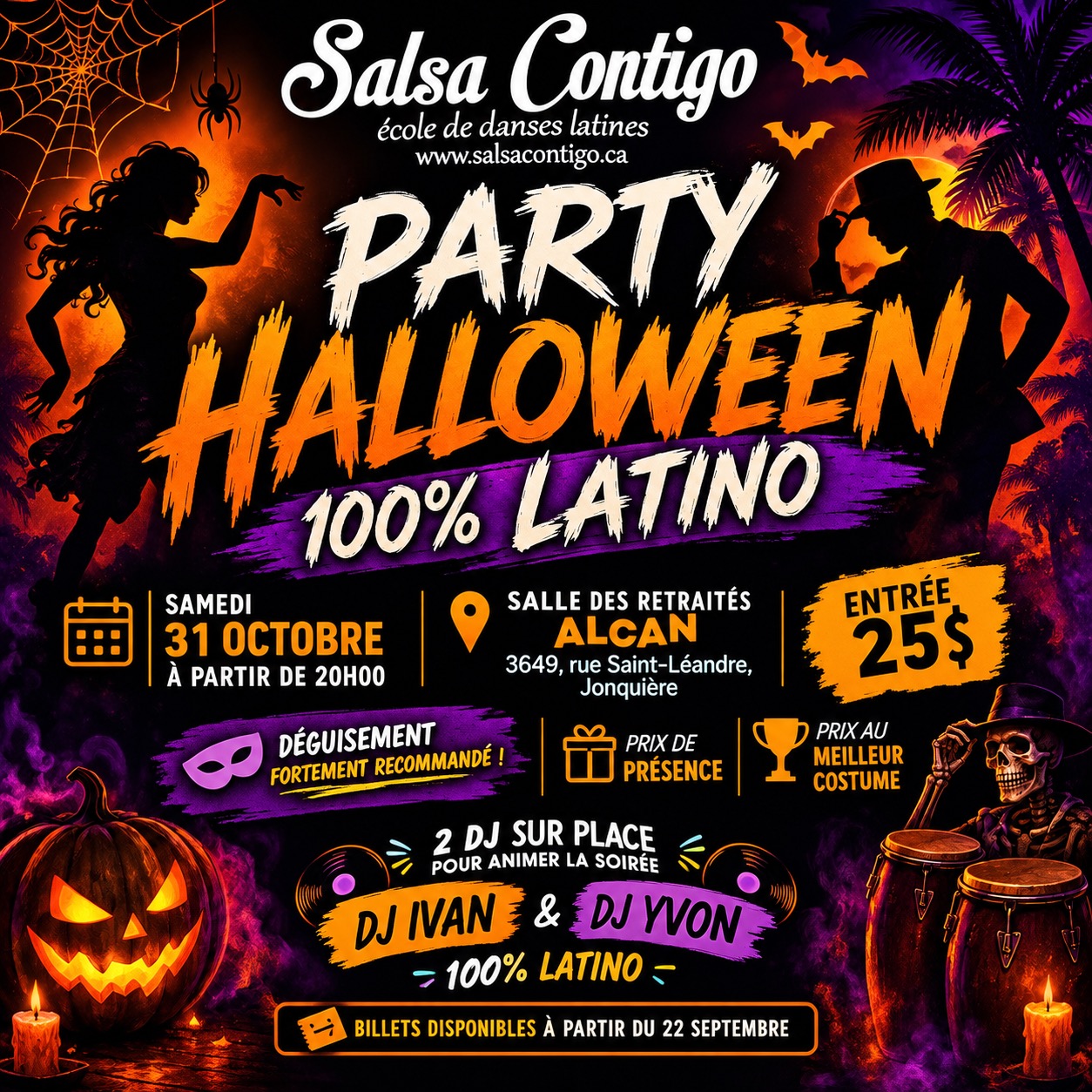 Affiche — Party Halloween 100% Latino — samedi 31 octobre 2026 à 20 h — Salle des Retraités Alcan, Jonquière