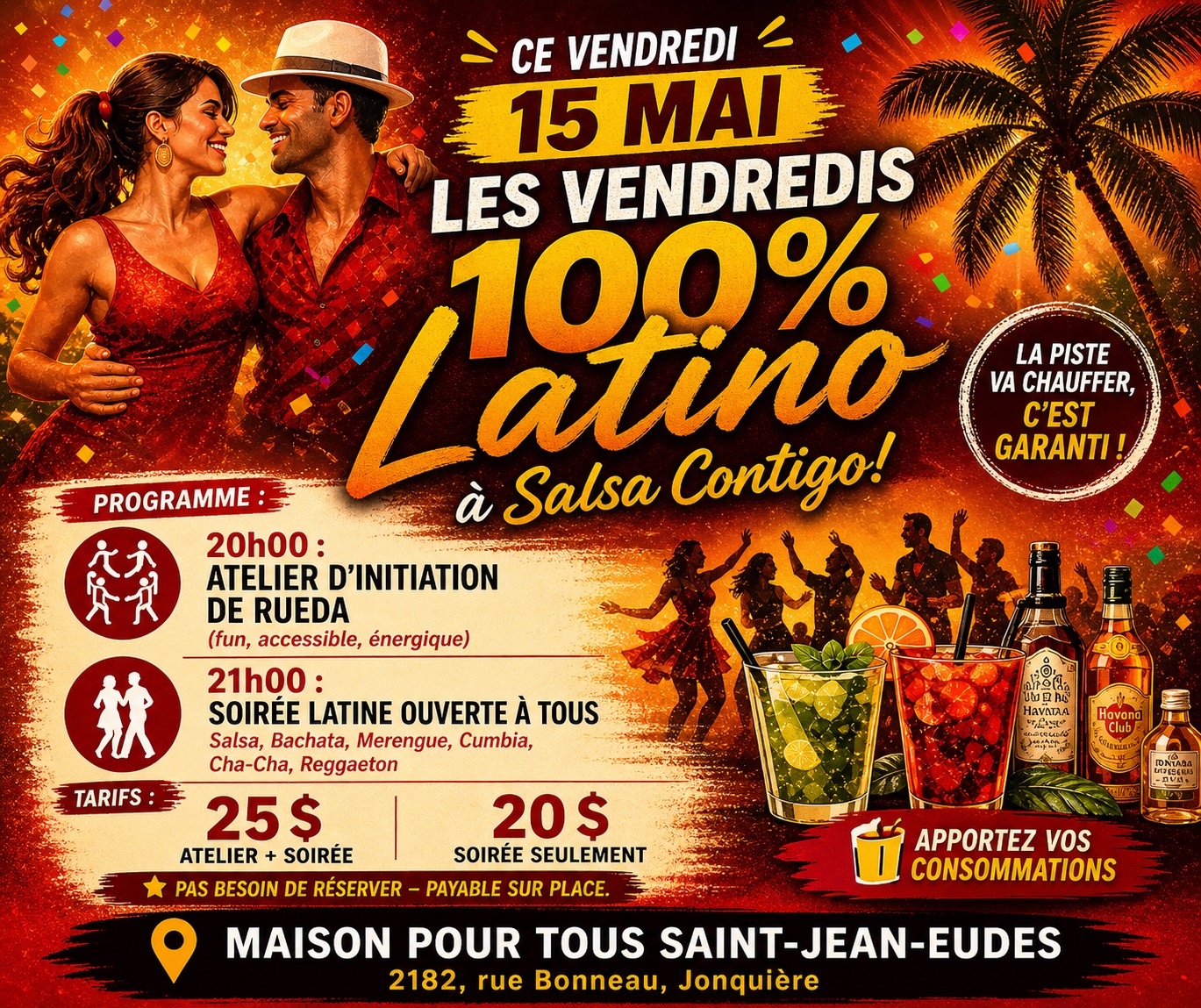Affiche — Fiesta 100 % Latino — vendredi 15 mai — Maison pour tous Saint-Jean-Eudes — atelier d'initiation de rueda 20 h et soirée latine 21 h