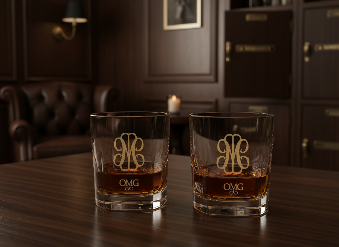 Concept — Custom Laser-Engraved OMG Crystal Rocks Glasses in Private Locker