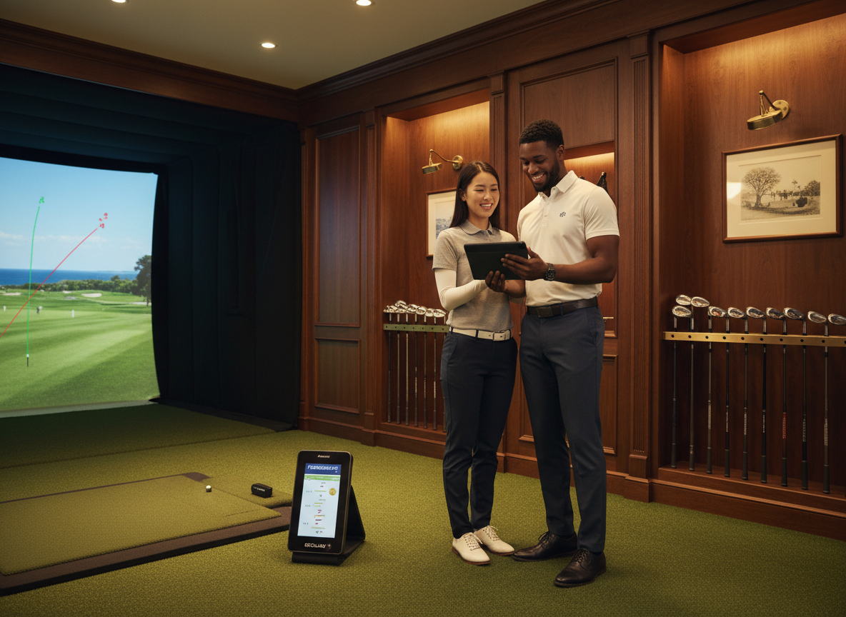 Concept — Diverse Golf Pro and Client in Private Fitting Bay with Foresight GCQuad