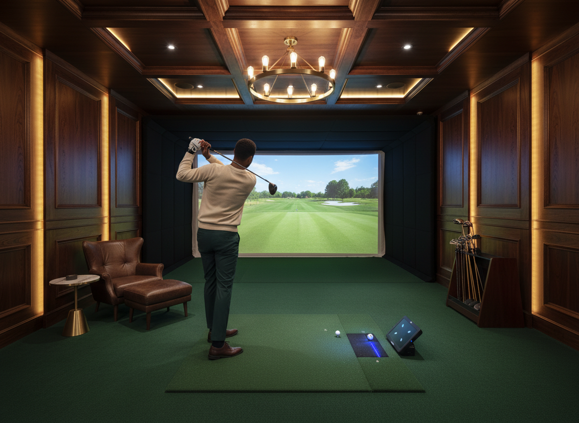 Concept — Diverse Golfer in Premium Simulator Bay with Foresight GCQuad Launch Monitor