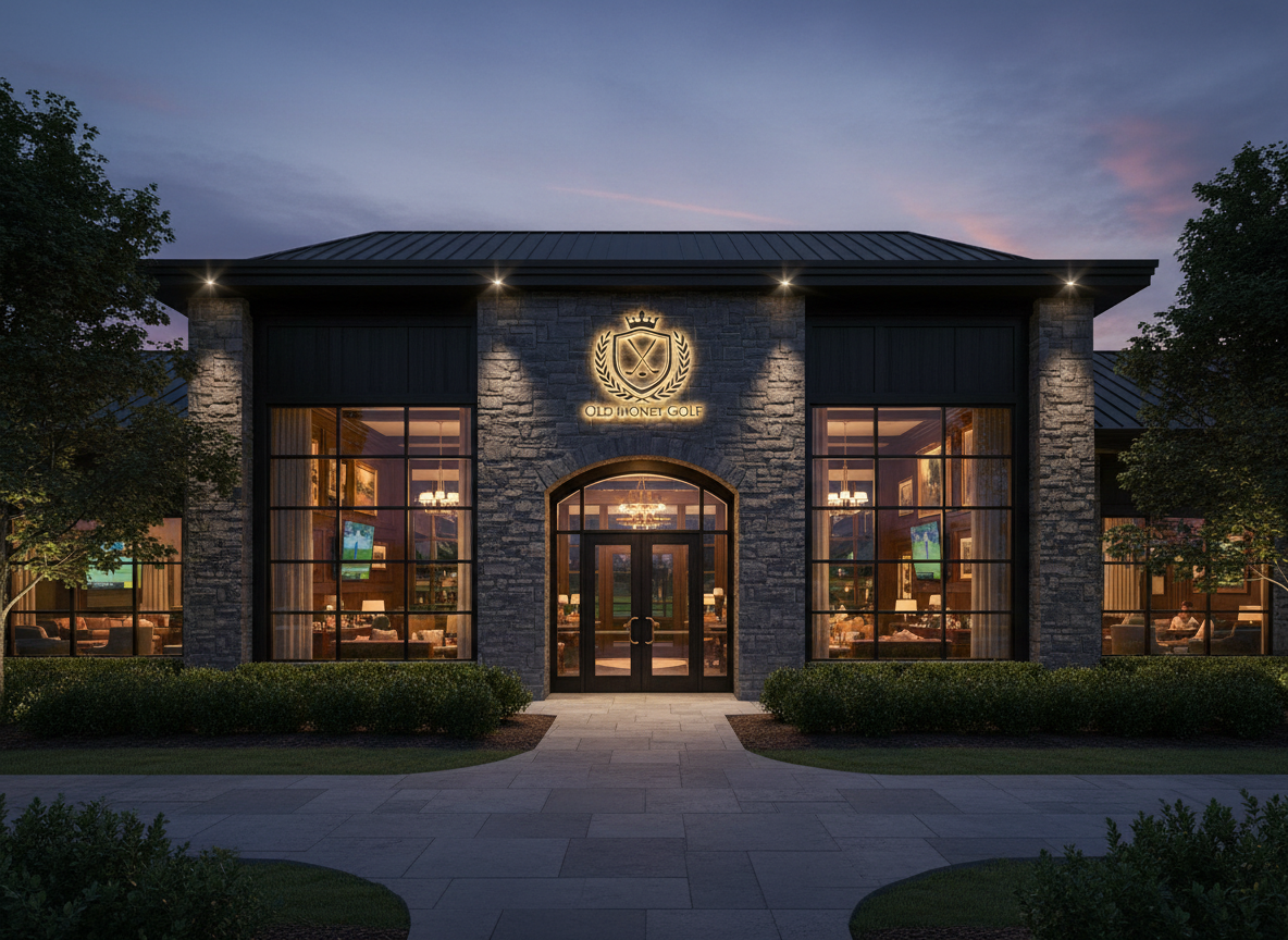 Old Money Golf Clubhouse Exterior at Dusk