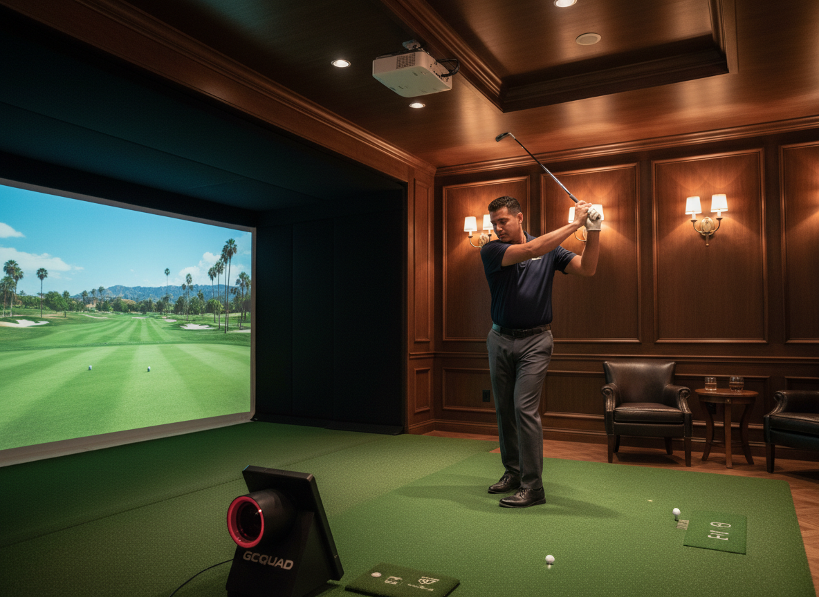 Concept — Diverse Golfer in Simulator Bay with Foresight GCQuad