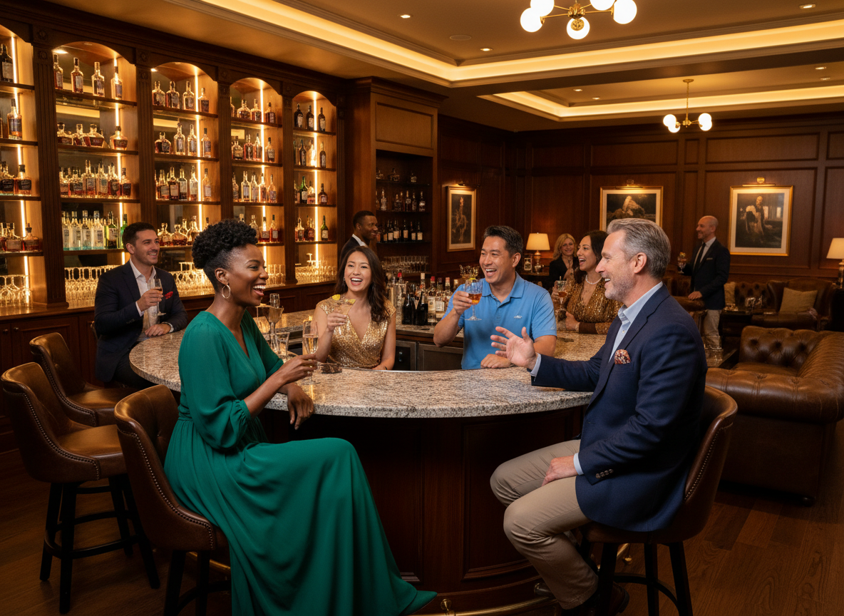 Concept — Diverse Group Socializing at the Old Money Golf Bar