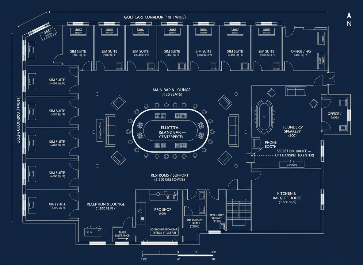 2D Architectural Blueprint — 14,000 sq ft Old Money Golf Flagship Venue Floor Plan — Lakewood Ranch, FL