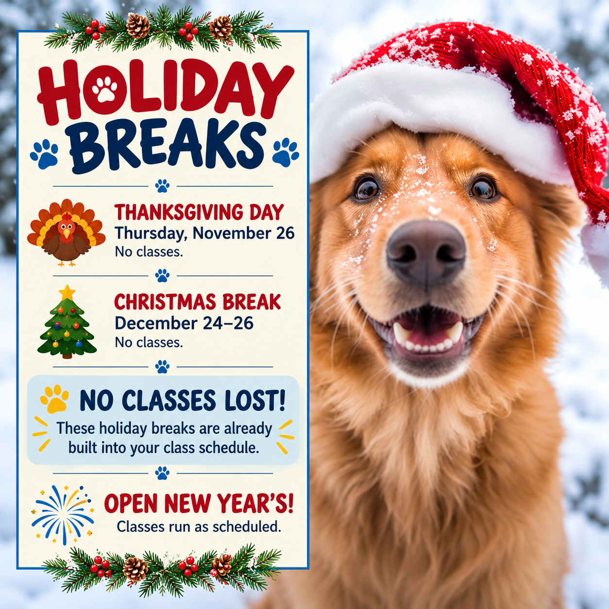 Holiday Breaks: no classes Thanksgiving Day, November 26, or December 24–26. Open New Year's.