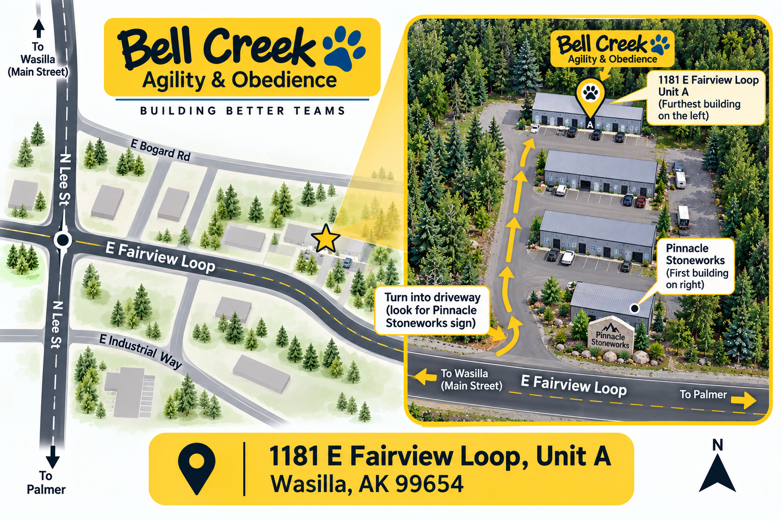 Map to Bell Creek Agility & Obedience — 1181 E Fairview Loop Unit A, Wasilla AK