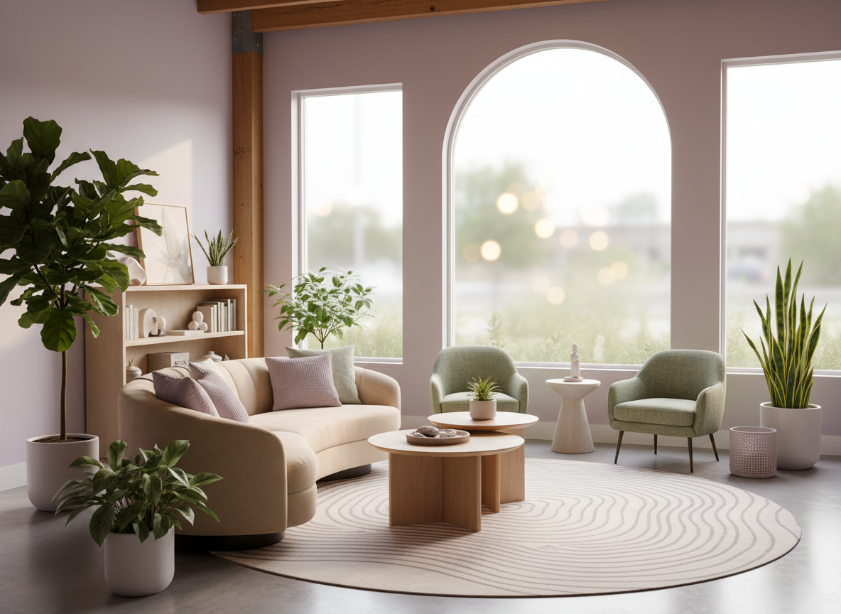 A serene, calming healing center with soft natural light