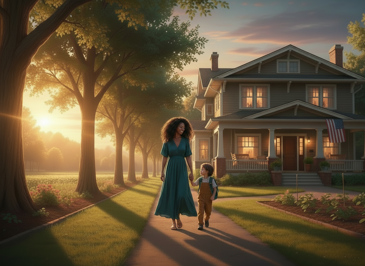 Black veteran mother and her son walking toward a welcoming home at sunset