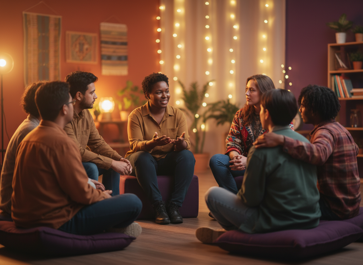 Diverse community members gathered in a supportive healing circle