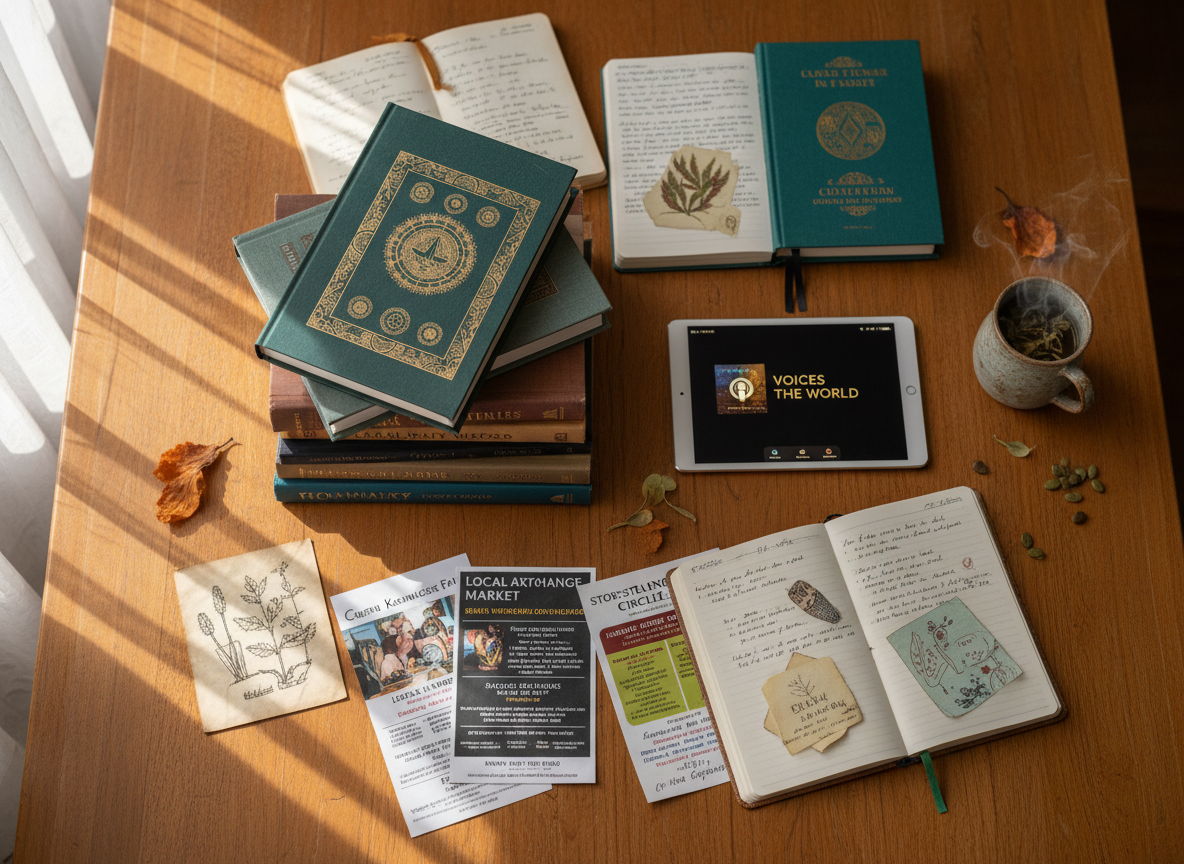 Curated collection of culturally diverse books, journals, and community resources on a warm wooden table