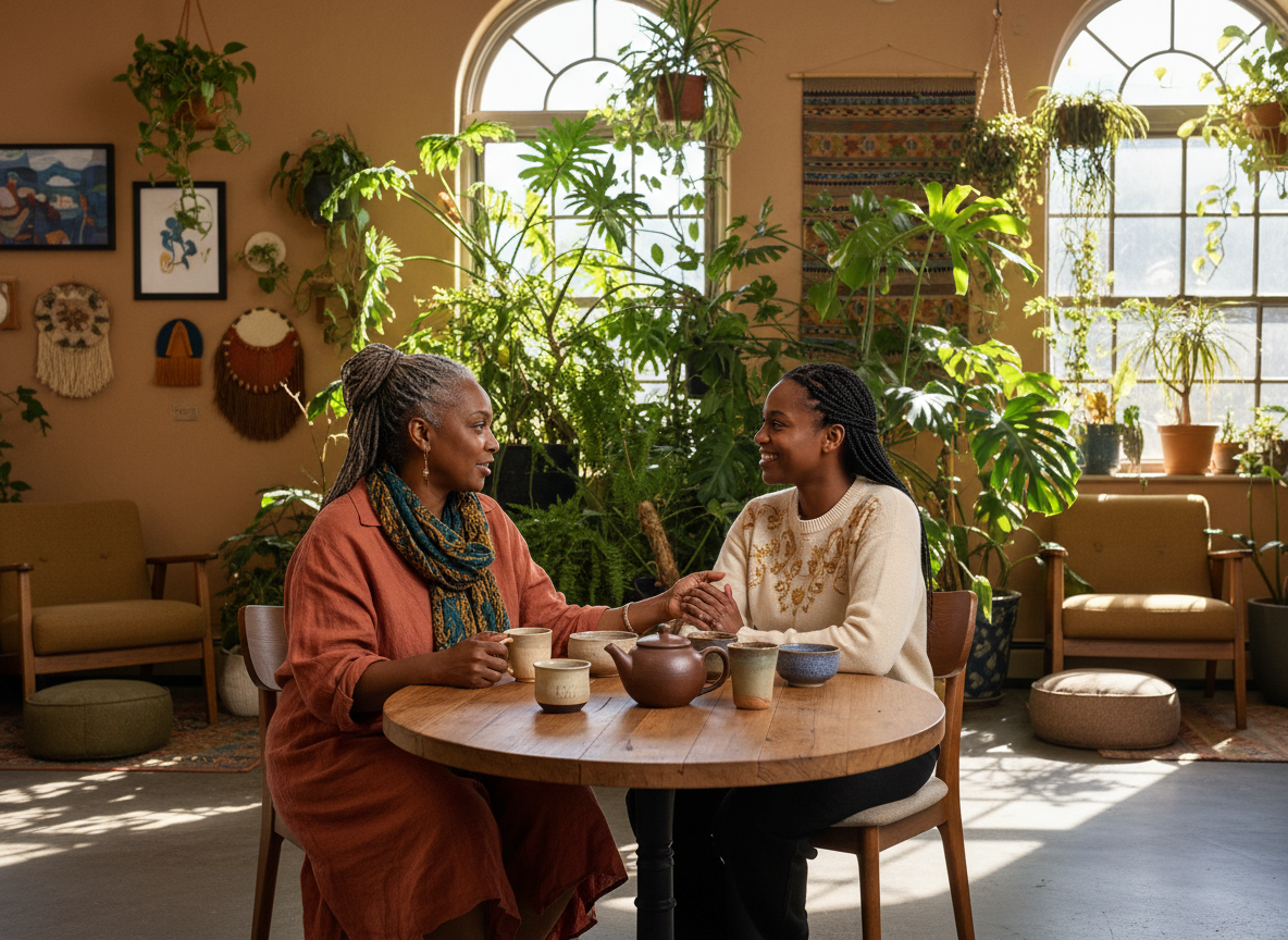 Two women of color in a supportive peer mentoring conversation in a plant-filled community space