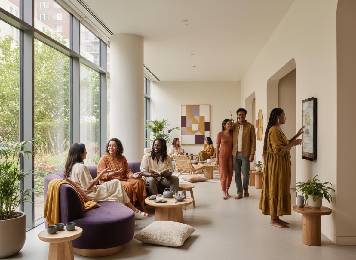 Diverse group of people in a modern wellness center representing holistic, culturally grounded care