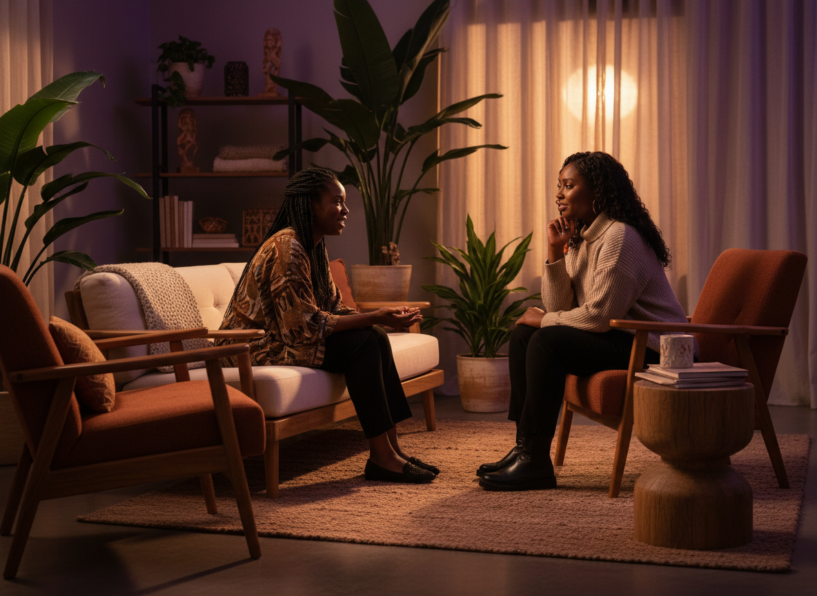 Therapist in a warm, culturally responsive setting