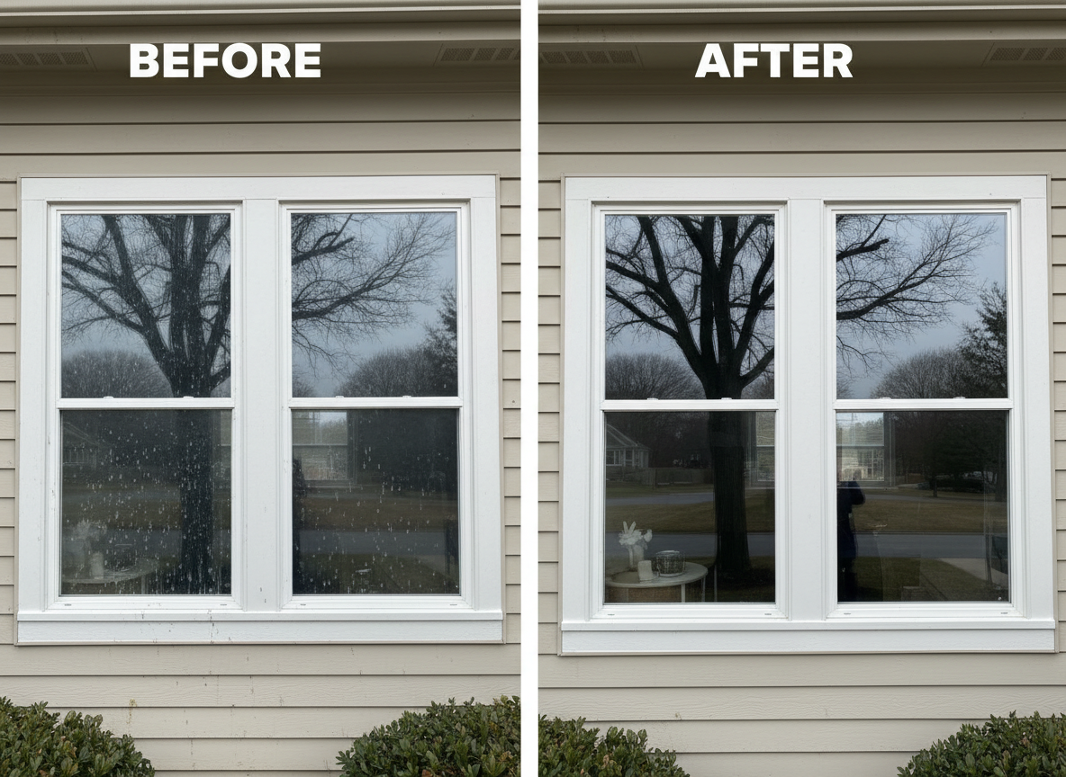 Before and after exterior window cleaning by LumoExteriors — dirty hazy windows on left, crystal clear windows on right