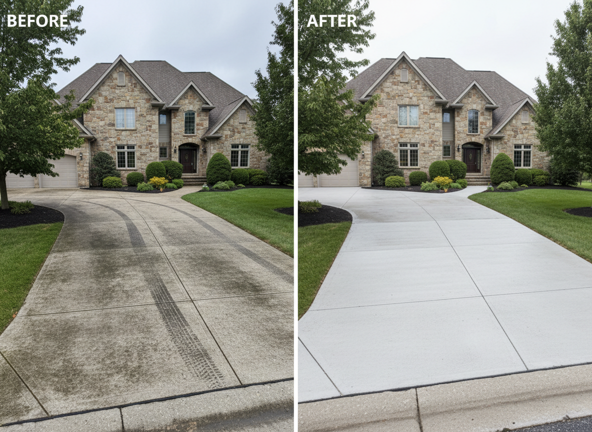 Before and after driveway power washing by LumoExteriors — dirty stained driveway on left, clean bright driveway on right