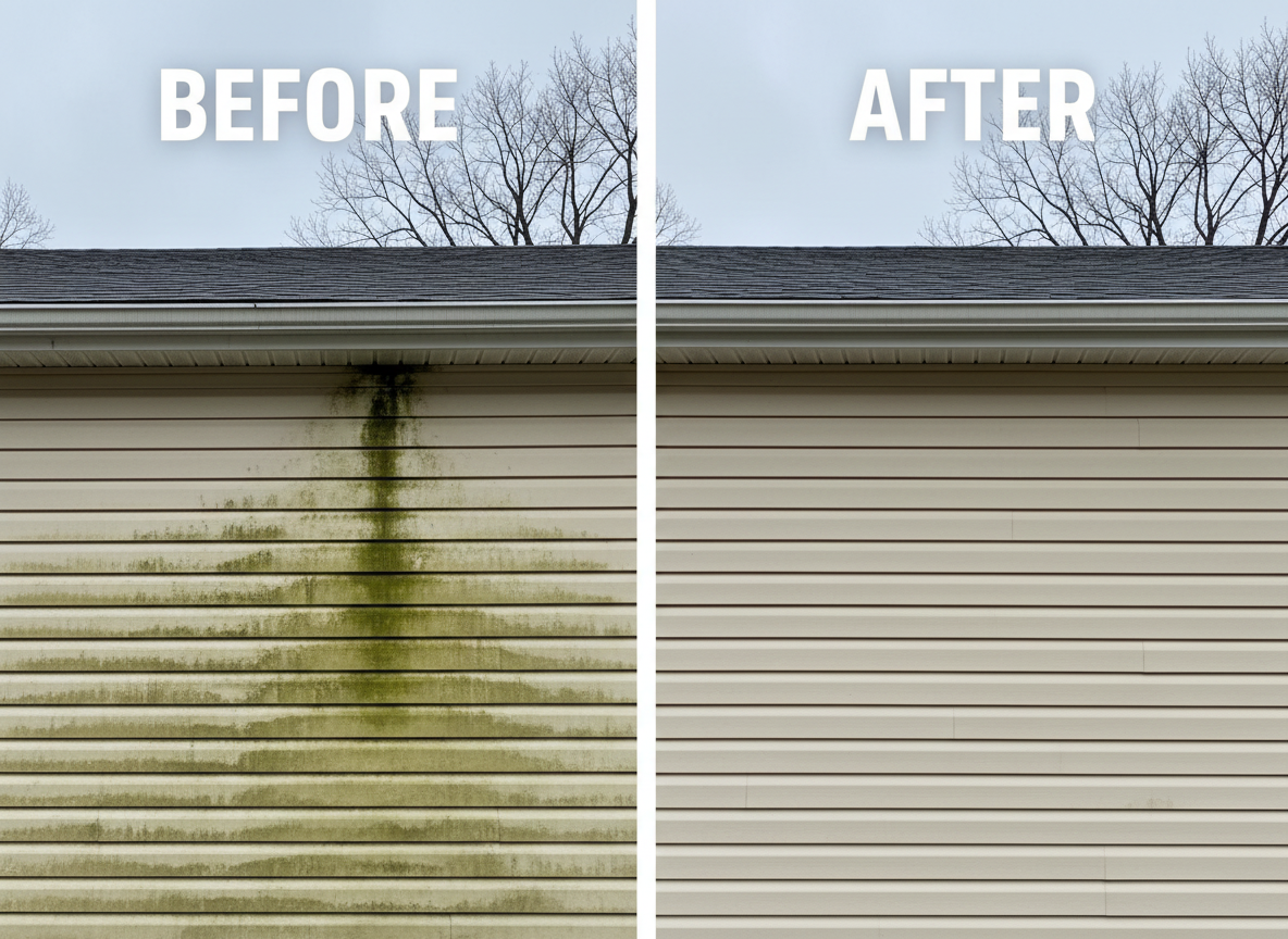 Before and after exterior soft washing by LumoExteriors — algae-covered siding on left, clean bright siding on right