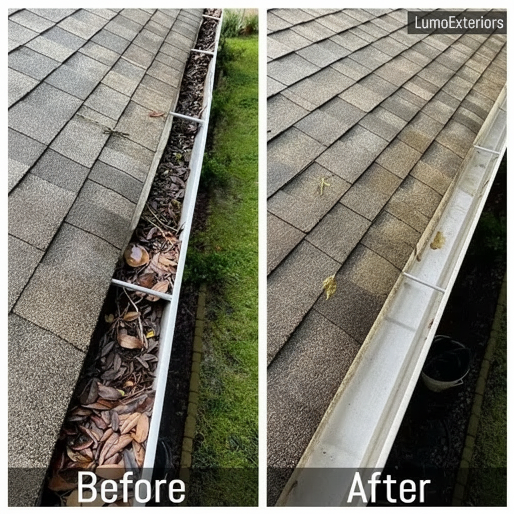 Before and after gutter cleaning by LumoExteriors — clogged gutters on left, clean gutters on right