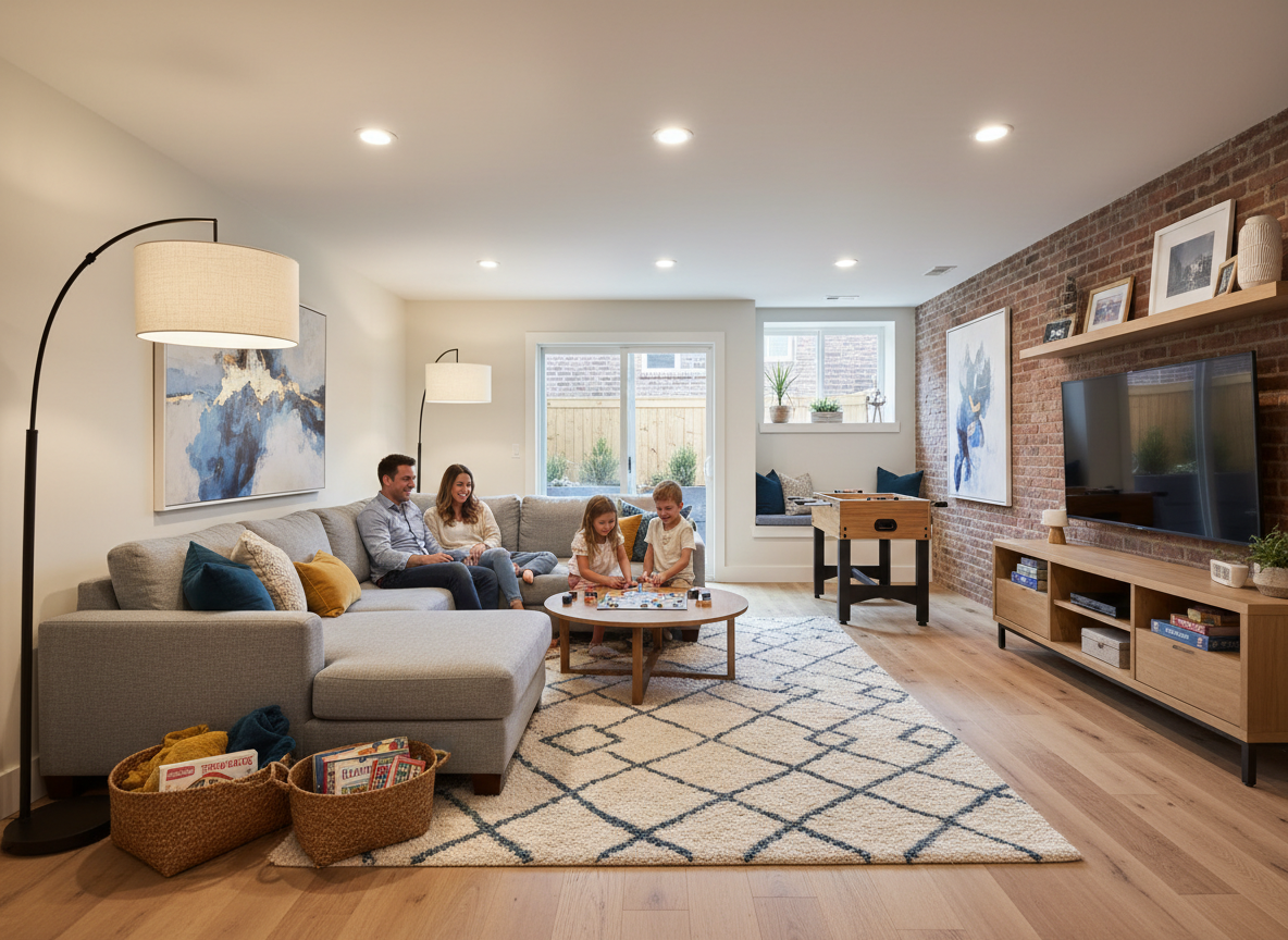 A finished basement rec room for family use