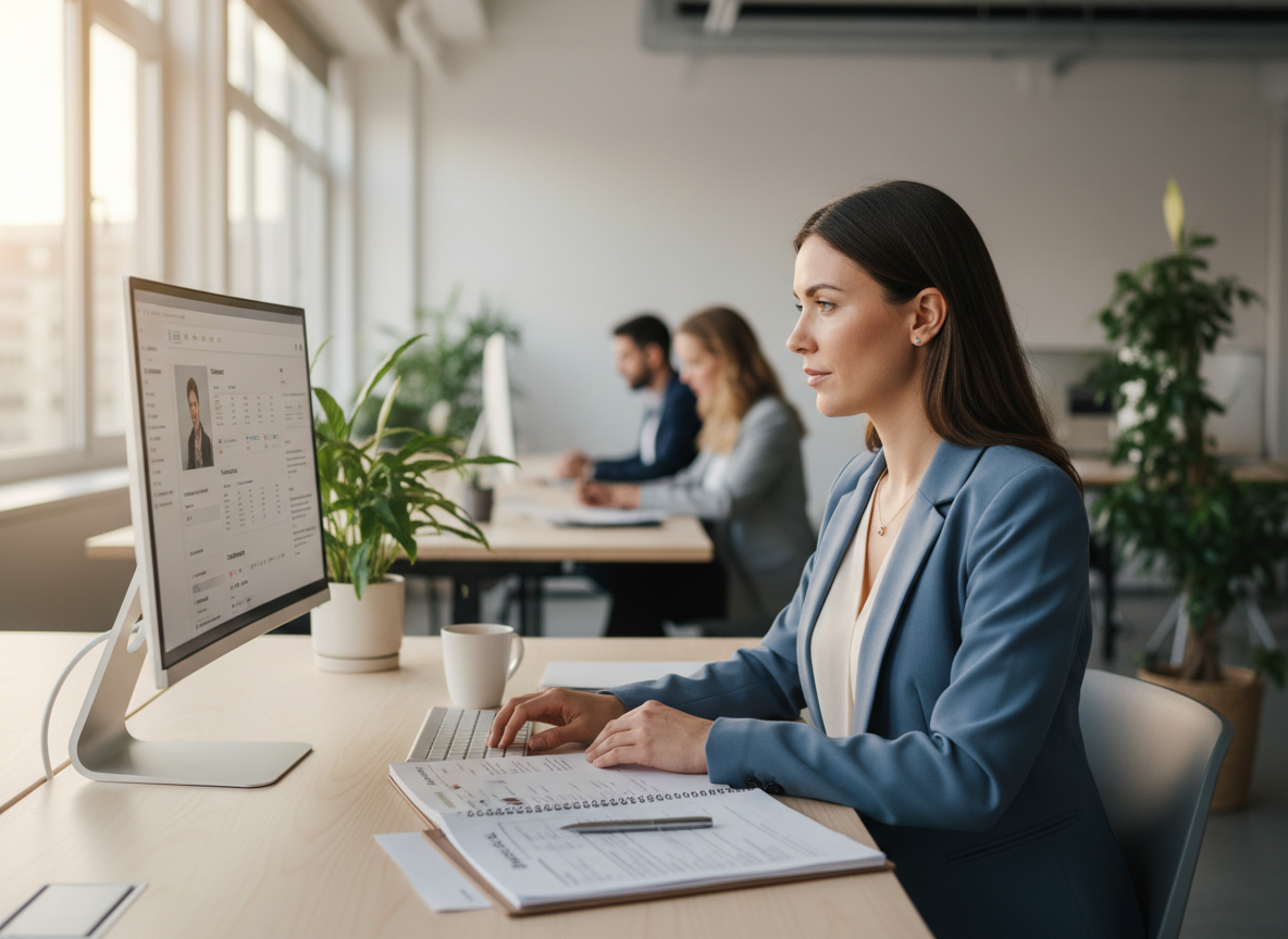 Recruiter reviewing candidate data on screen with printed resumes