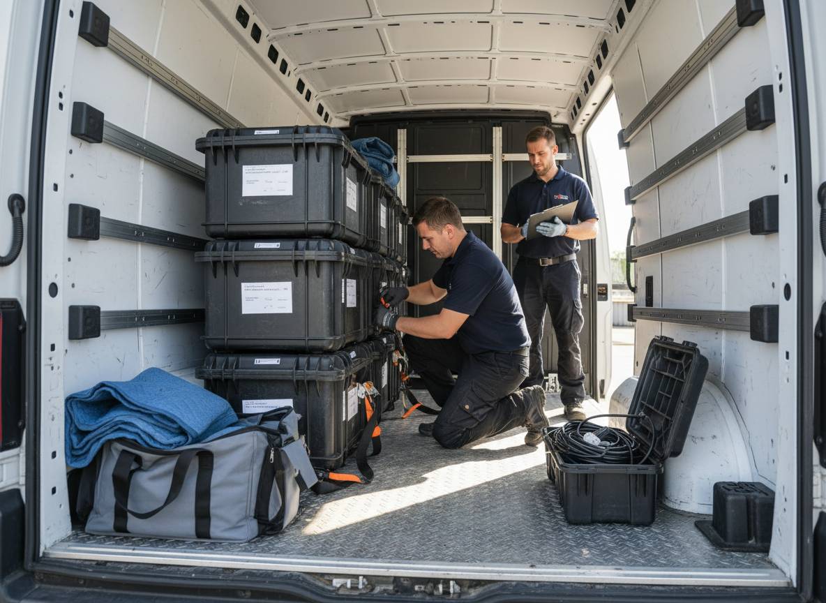 Technicians securing labeled equipment cases inside a transport van for IT relocation