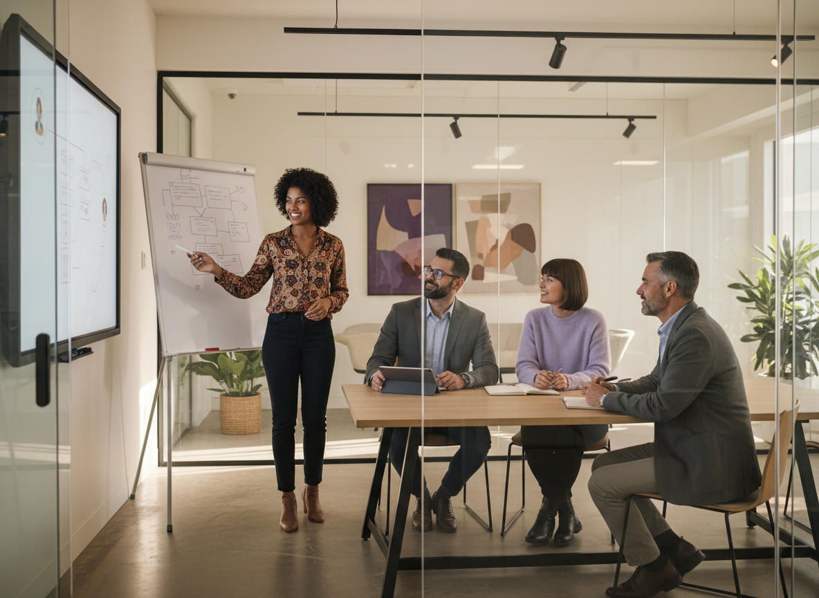 A staffing team collaborating in a modern meeting room