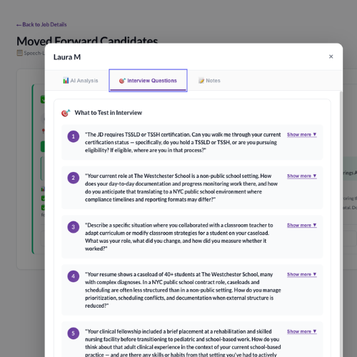 Reqtify interview questions screen with AI-generated targeted questions