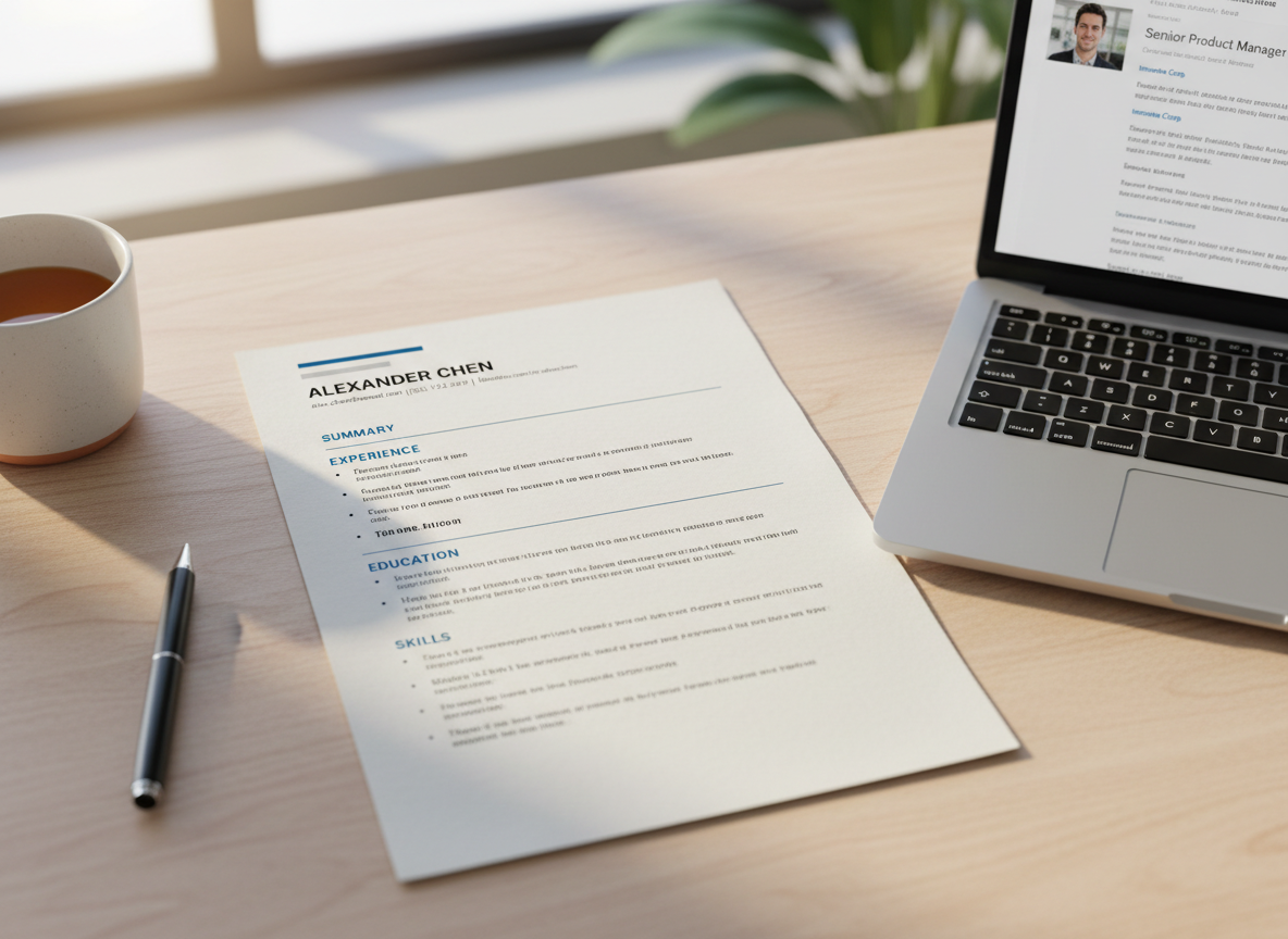 A polished, client-ready resume on a desk next to a laptop showing a job description