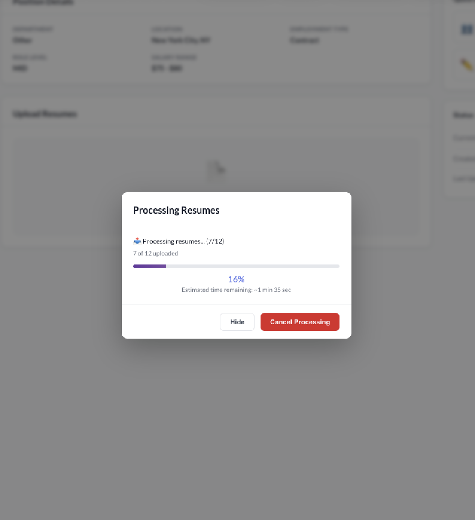 Reqtify processing resumes screen showing upload progress bar