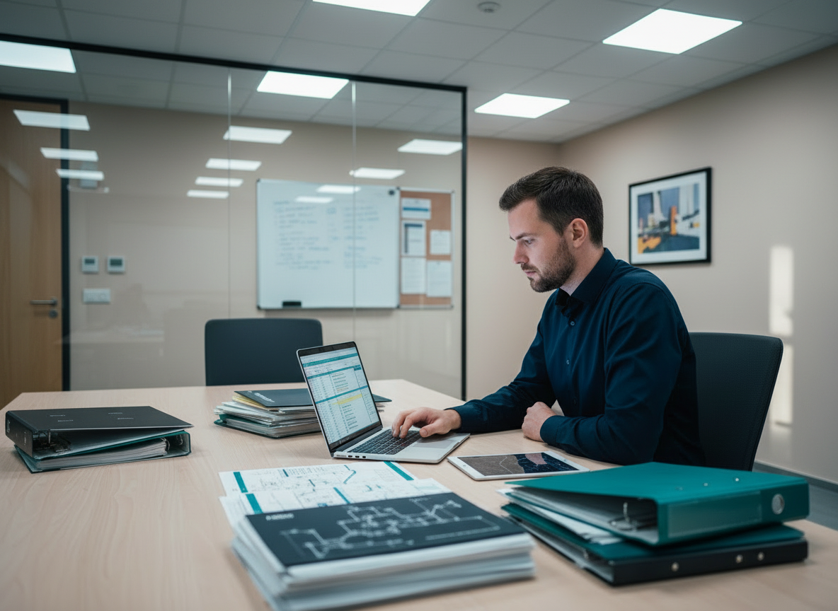 IT professional conducting an infrastructure efficiency audit with laptop and documentation