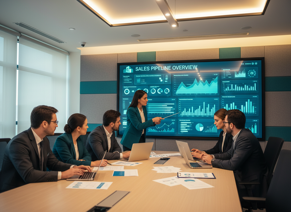 Sales team reviewing pipeline data and strategy on a large screen in a modern office